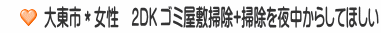 大東市＊女性　２DK ゴミ屋敷掃除+掃除を夜中からしてほしい